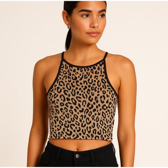 Forever 21 Leopard Print Crop Tank Top Size Small Racerback Cami Sleeveless Y2K - Picture 2 of 5